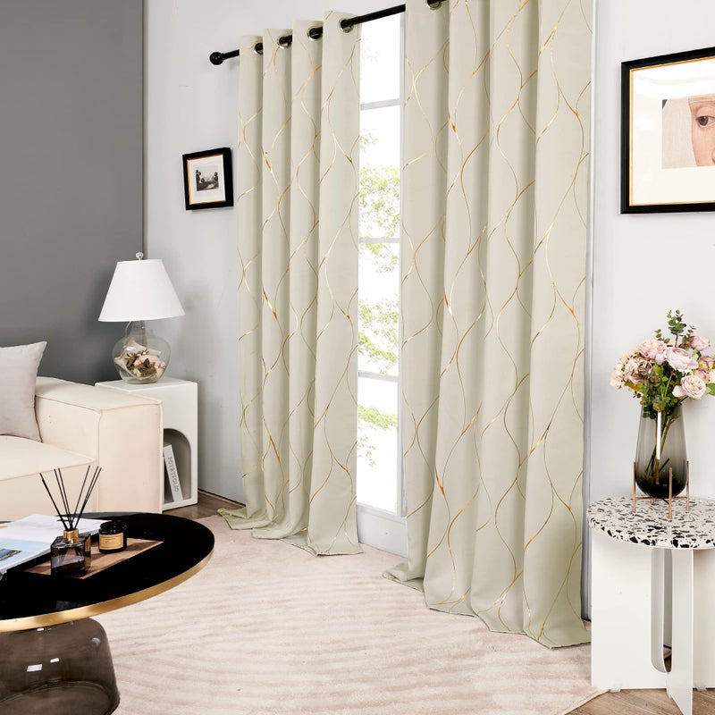 Deconovo Light Beige Blackout Curtains 2 Panel Set for Bedroom, Thermal Insulated Grommet Room Darkening Window Drapes for Living Room, Gold Line Foil Print, 52W x 108L Inch - Image 3